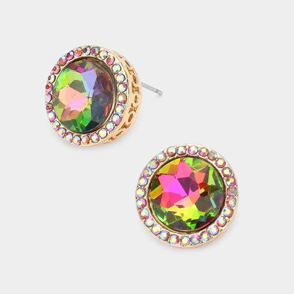 Rhinestone Trimmed Round Stone Oil Spill Evening Earrings