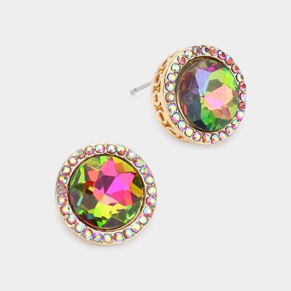 Rhinestone Trimmed Round Stone Oil Spill Evening Earrings