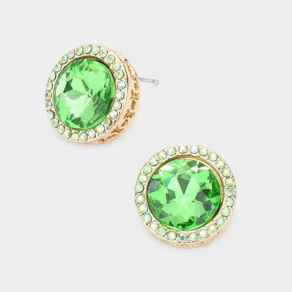 Rhinestone Trimmed Round Stone Peridot Green Evening Earrings