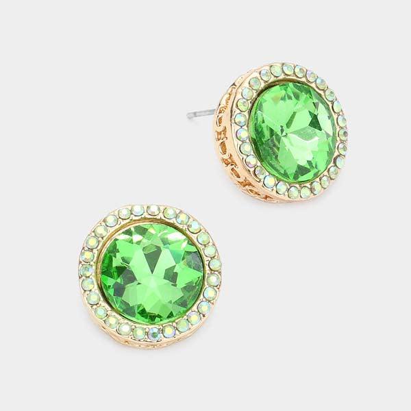 Rhinestone Trimmed Round Stone Peridot Green Evening Earrings