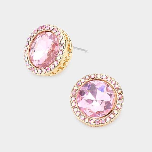 Rhinestone Trimmed Round Stone Pink Evening Earrings