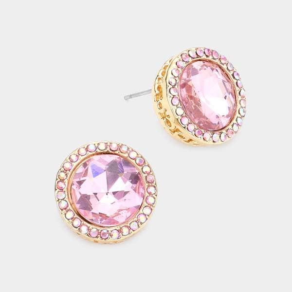 Rhinestone Trimmed Round Stone Pink Evening Earrings