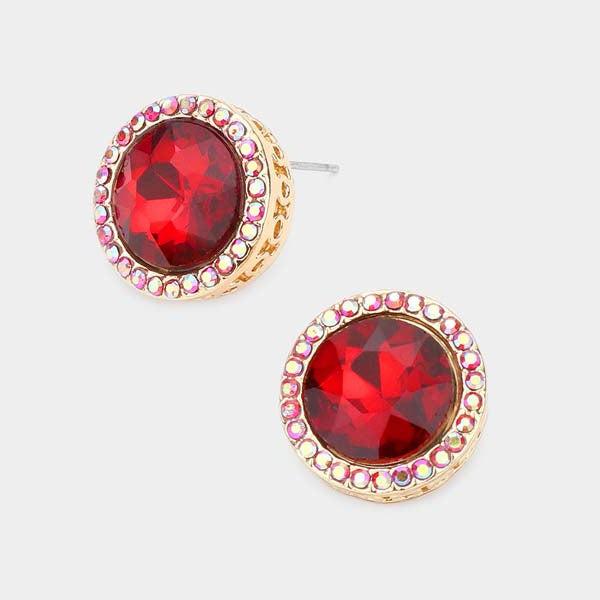 Rhinestone Trimmed Round Stone Red Evening Earrings