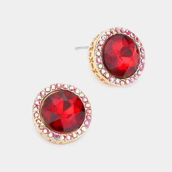 Rhinestone Trimmed Round Stone Red Evening Earrings