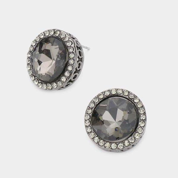 Rhinestone Trimmed Round Stone Stud Black Evening Earrings