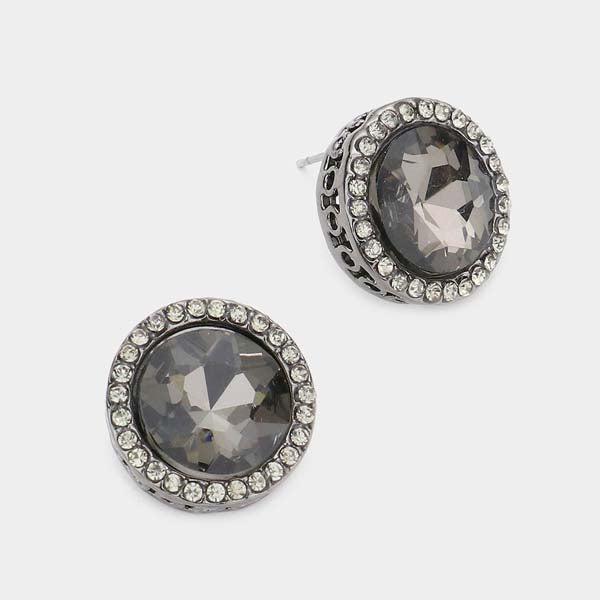 Rhinestone Trimmed Round Stone Stud Black Evening Earrings