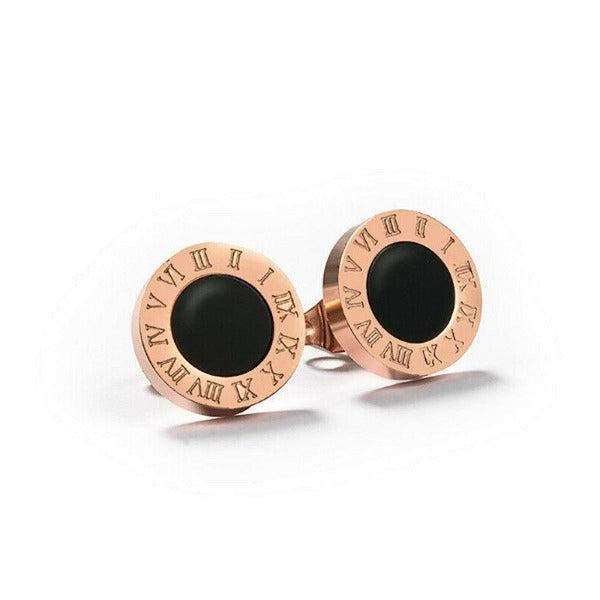 Rose Gold Roman Numeral Round Black Crystal Earrings-Earring-SPARKLE ARMAND