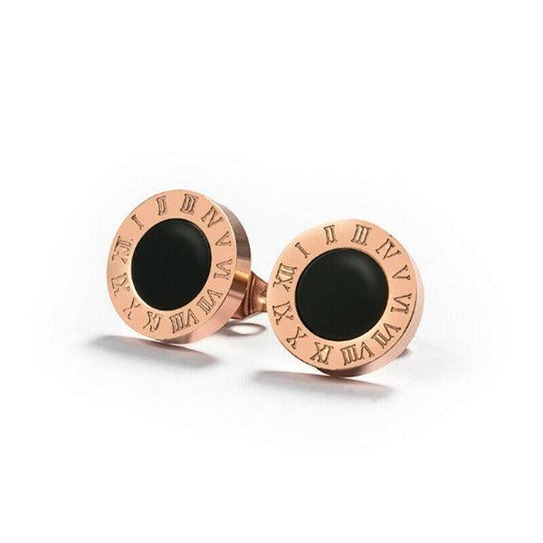 Rose Gold Roman Numeral Round Black Crystal Earrings-Earring-SPARKLE ARMAND