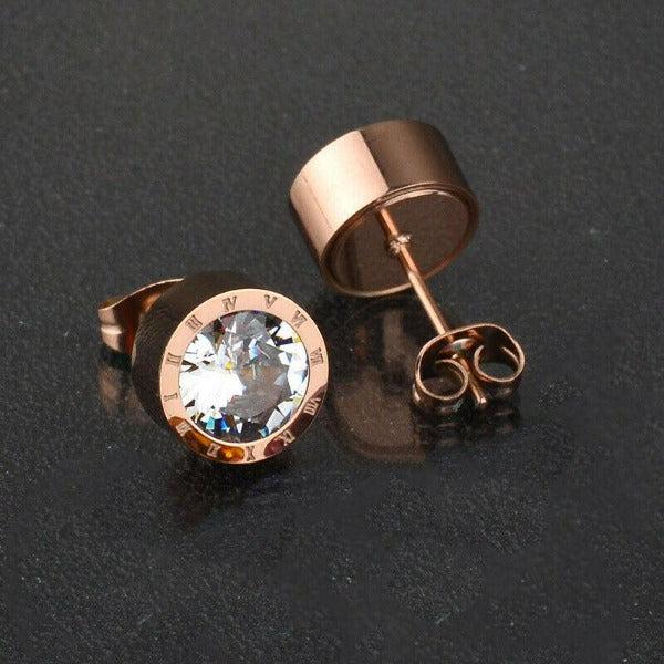 Rose Gold Roman Numeral Round Clear Crystal Earrings-Earring-SPARKLE ARMAND