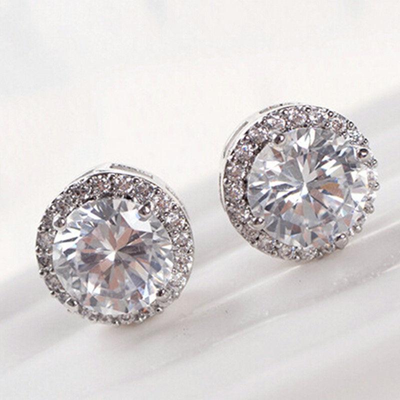 Round Halo White Zircon Silver Plated Stud Earrings-Earring-SPARKLE ARMAND