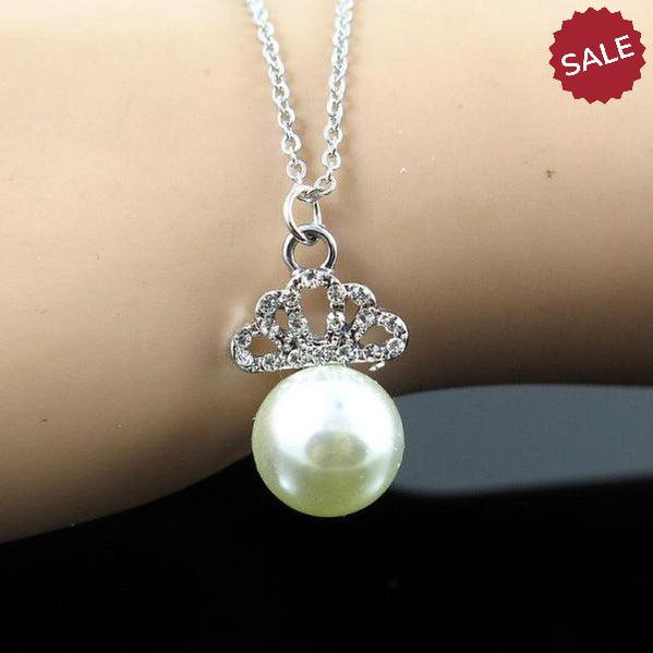 Round Pearl (Faux) & Rhinestones Silver Tone Necklace 18"-Necklace-SPARKLE ARMAND