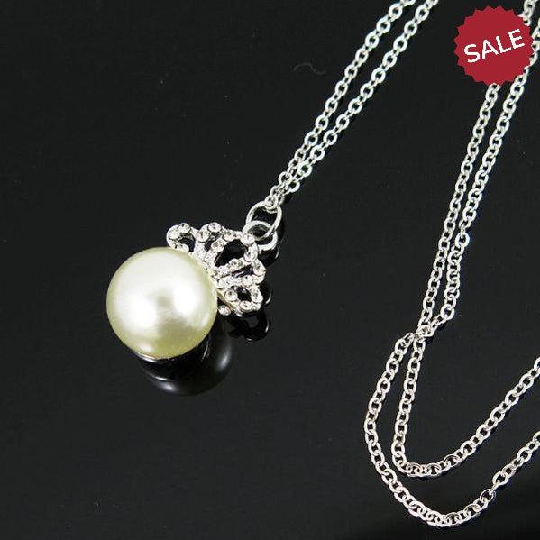 Round Pearl (Faux) & Rhinestones Silver Tone Necklace 18"-Necklace-SPARKLE ARMAND