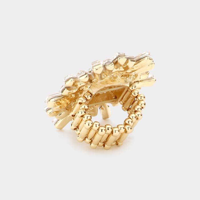 Round Rectangle Clear Stone Cluster Gold Stretch Ring