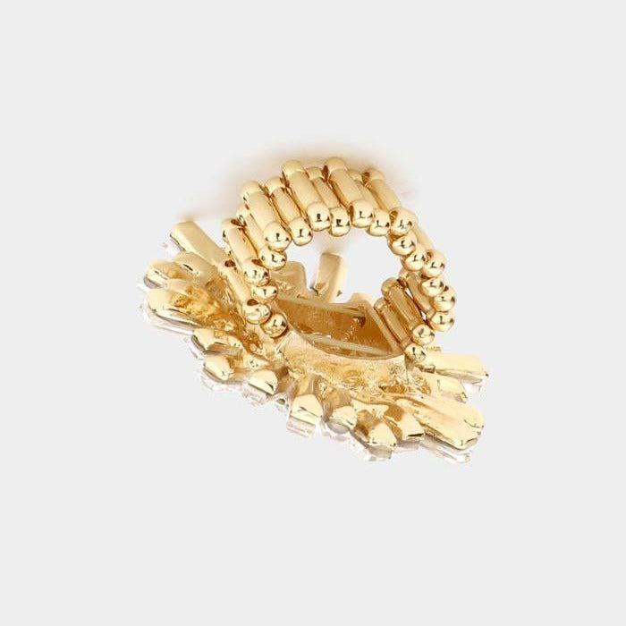 Round Rectangle Clear Stone Cluster Gold Stretch Ring