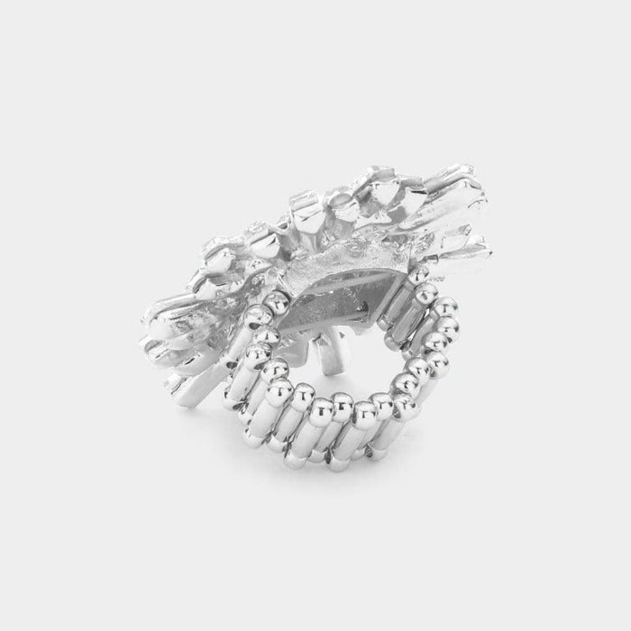 Round Rectangle Clear Stone Cluster Rhodium Stretch Ring