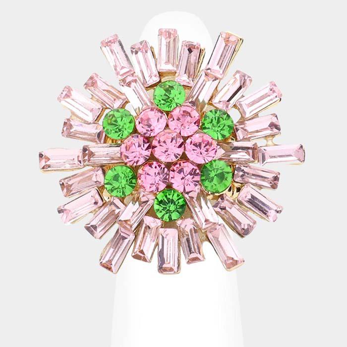 Round Rectangle Pink & Green Stone Cluster Gold Stretch Ring