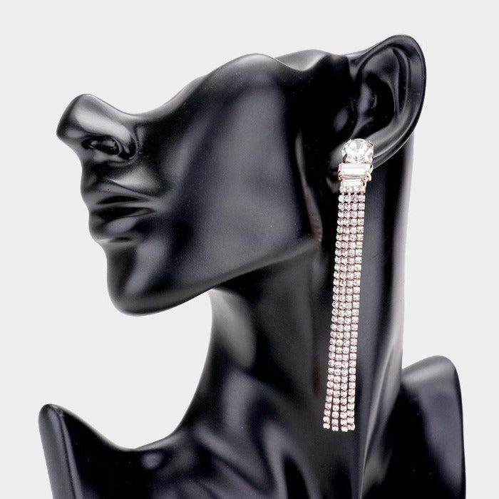 Round Rectangle Rhinestone Fringe Rose Gold Earrings