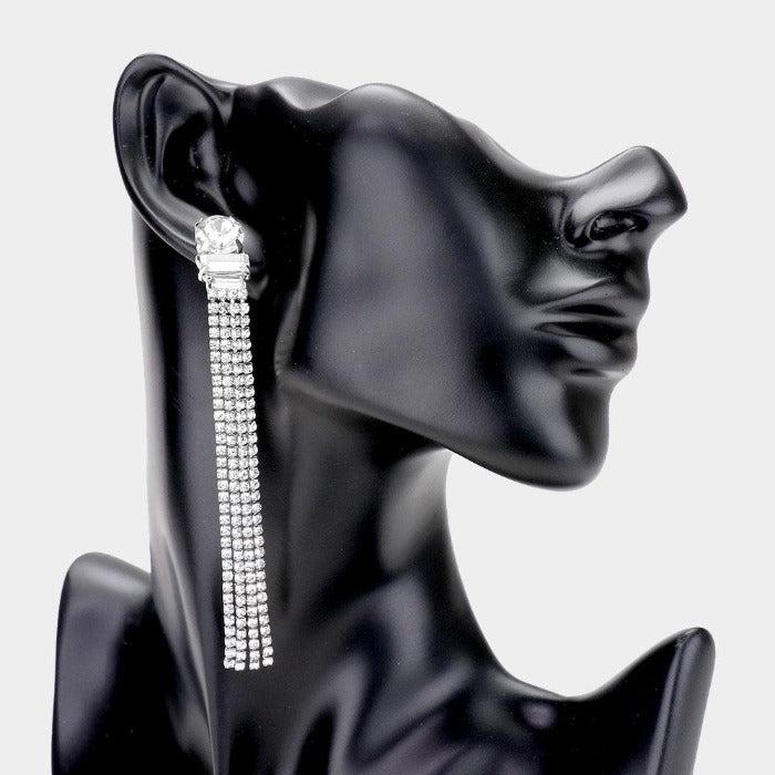 Round Rectangle Rhinestone Fringe Silver Earrings