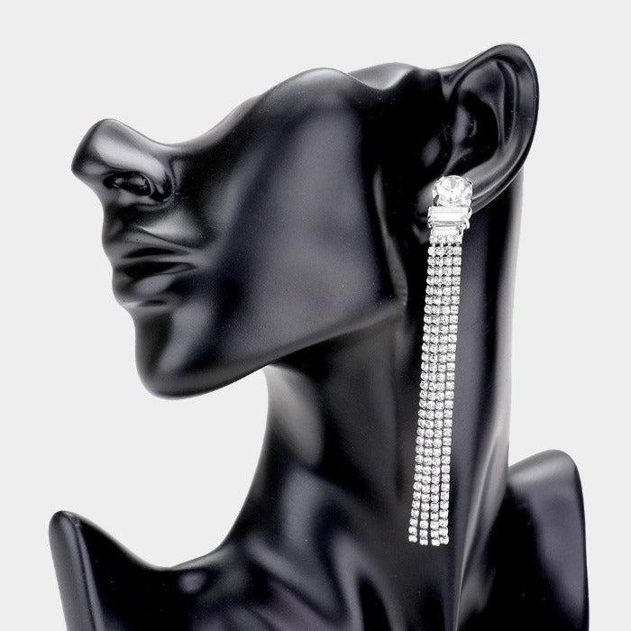 Round Rectangle Rhinestone Fringe Silver Earrings
