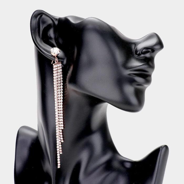 Round Stone Rhinestone Fringe Rose Gold Earrings