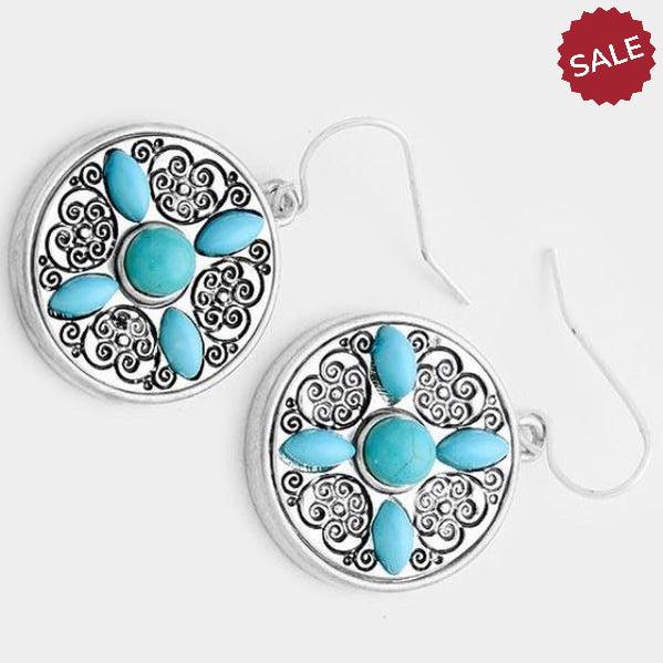 Round Turquoise (Faux) Antique Silver Earrings