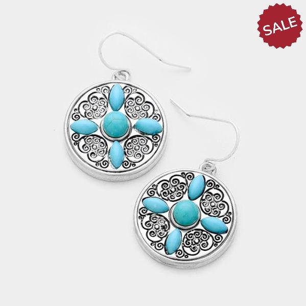 Round Turquoise (Faux) Antique Silver Earrings