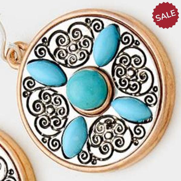 Round Turquoise (Faux) Copper & Silver Earrings-Earring-SPARKLE ARMAND