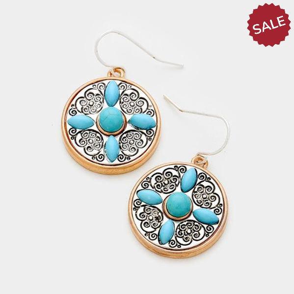 Round Turquoise (Faux) Copper & Silver Earrings