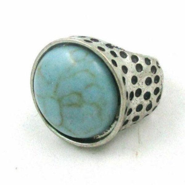 Round Turquoise (Faux) Silver Small Stretch Ring Fits 5 - 6.5-Ring-SPARKLE ARMAND
