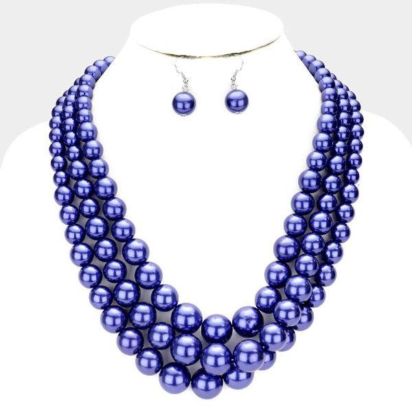 Royal Blue Pearl (faux) Triple Strand Necklace & Earring Set by SP Sophia Collection