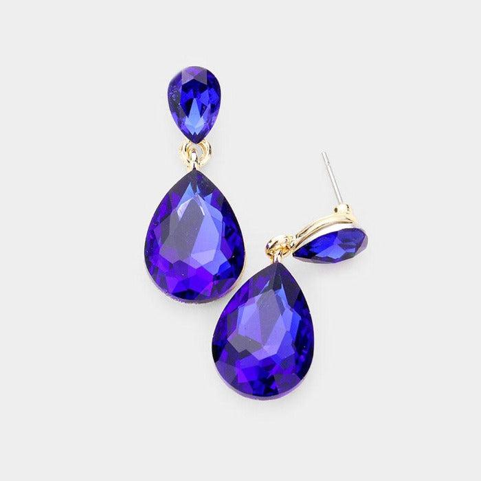 Sapphire Blue Crystal Double Teardrop Earrings