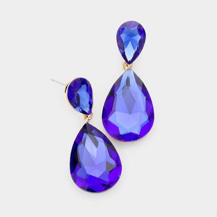 Sapphire Blue Crystal Double Teardrop Gold Earrings