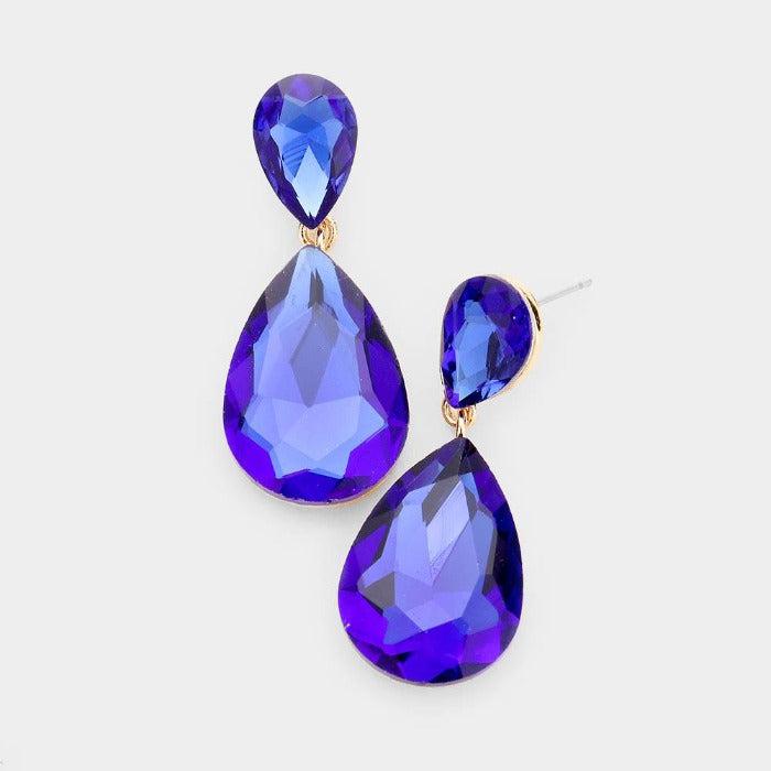 Sapphire Blue Crystal Double Teardrop Gold Earrings