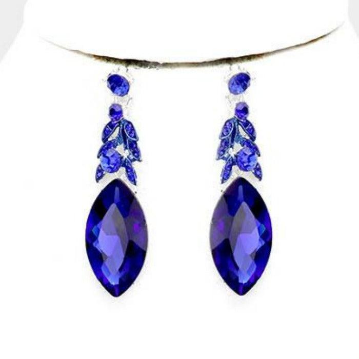 Sapphire Blue Crystal Marquise Vine Leaf Evening Silver Necklace Set Sparkle Armand