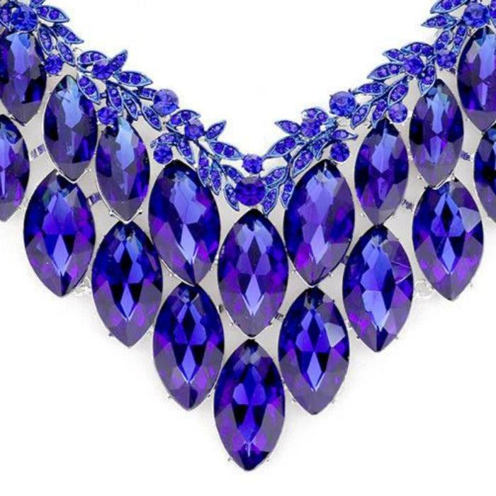 Sapphire Blue Crystal Marquise Vine Leaf Evening Silver Necklace Set Sparkle Armand