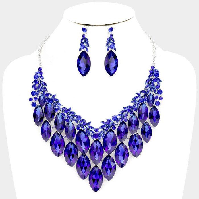 Sapphire Blue Crystal Marquise Vine Leaf Evening Silver Necklace Set Sparkle Armand