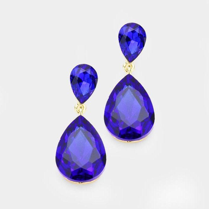 Sapphire Blue Crystal Teardrop Gold Earrings