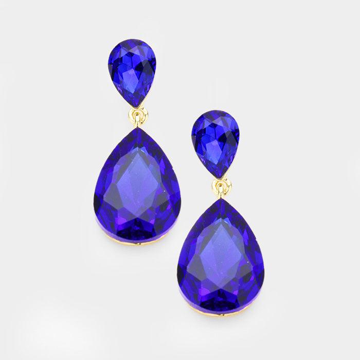 Sapphire Blue Crystal Teardrop Gold Earrings