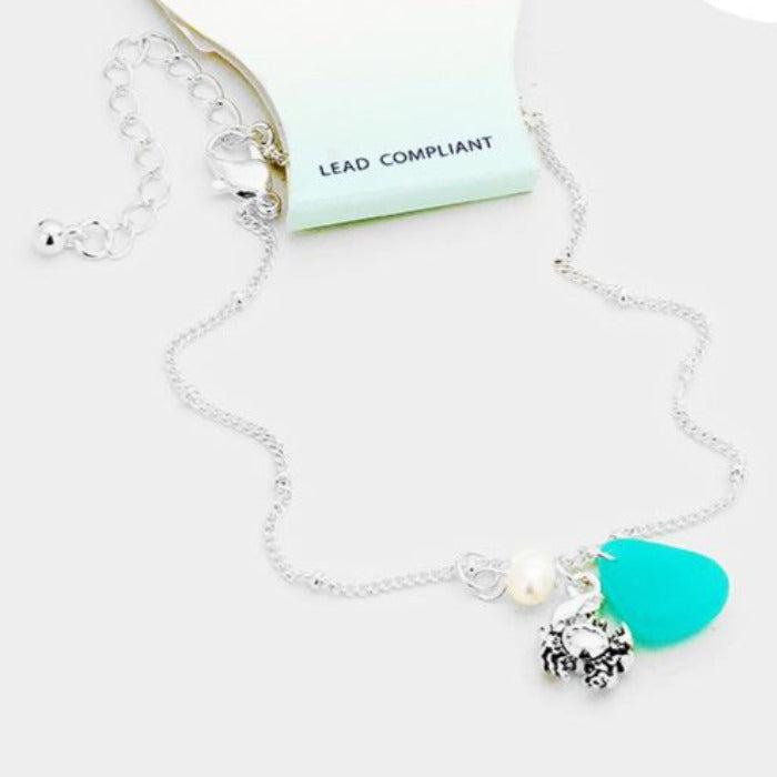 Sea Glass Metal Crab Pearl Charms Anklet