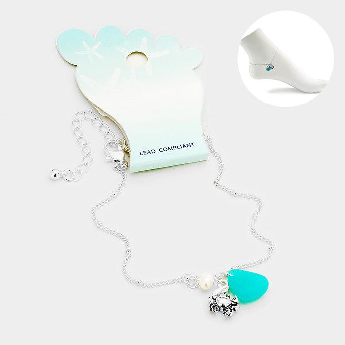 Sea Glass Metal Crab Pearl Charms Anklet