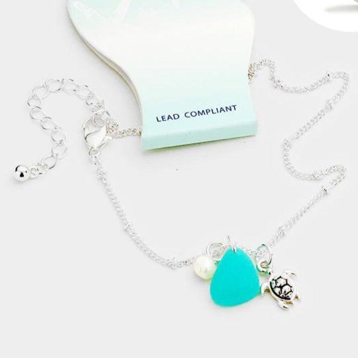 Sea Glass Metal Turtle Pearl Charms Anklet