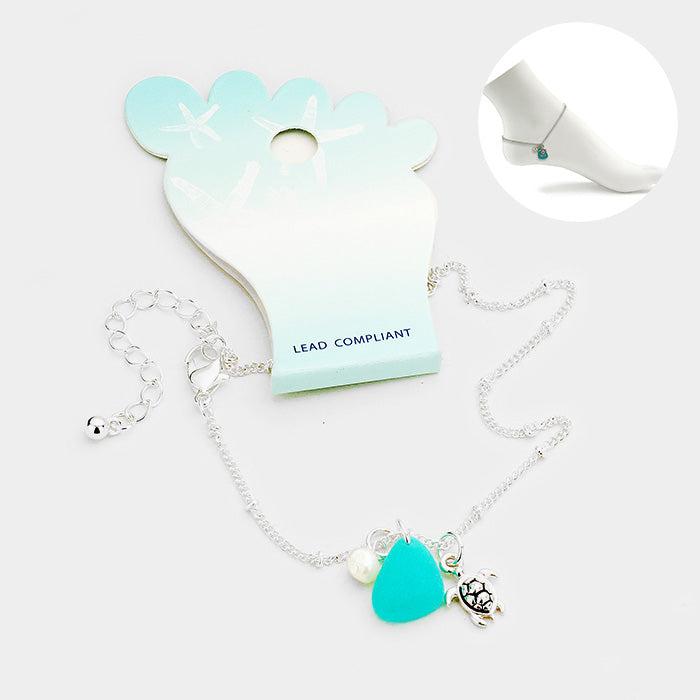 Sea Glass Metal Turtle Pearl Charms Anklet