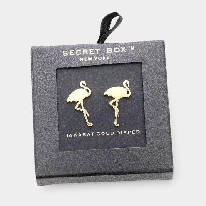 Secret Box Flamingo 14K Gold Dipped Metal Stud Earrings