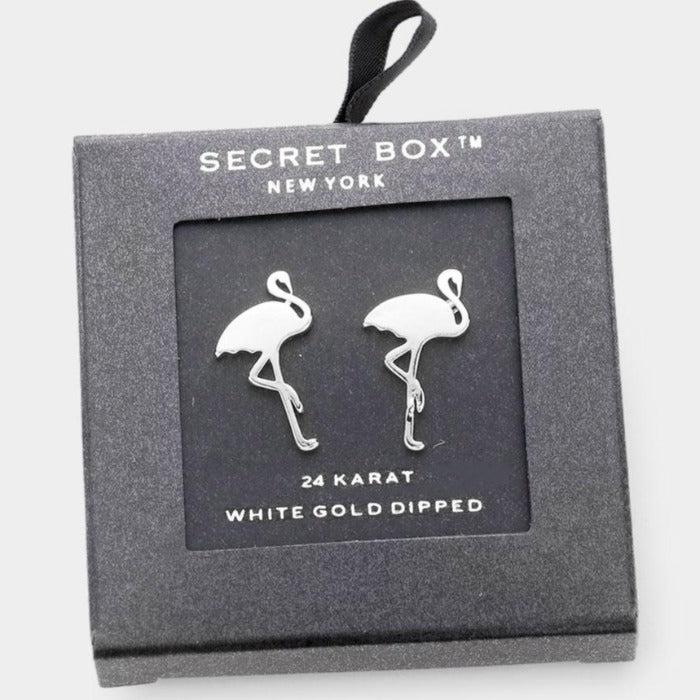 Secret Box Flamingo 24K White Gold Dipped Metal Stud Earrings