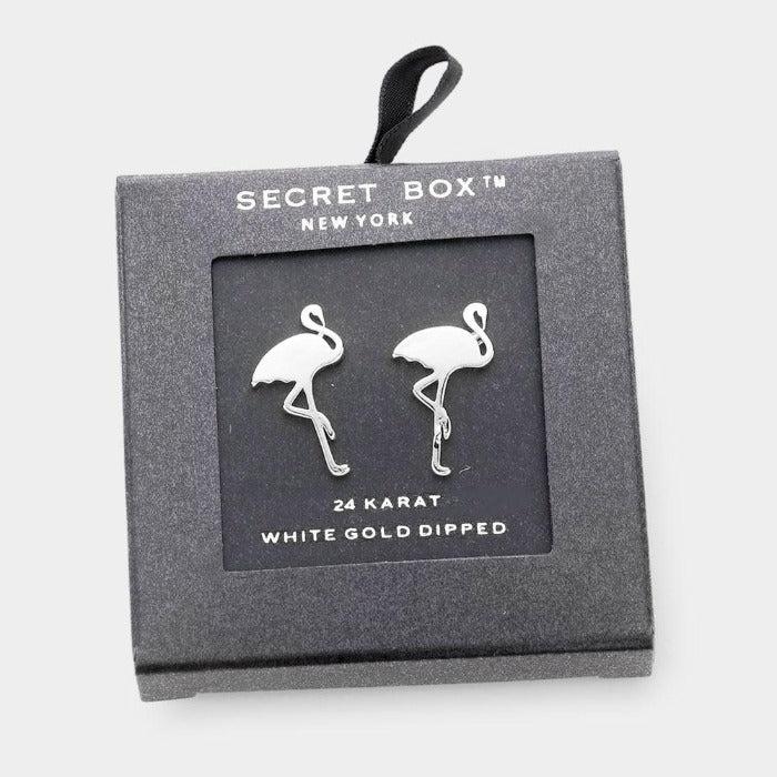 Secret Box Flamingo 24K White Gold Dipped Metal Stud Earrings