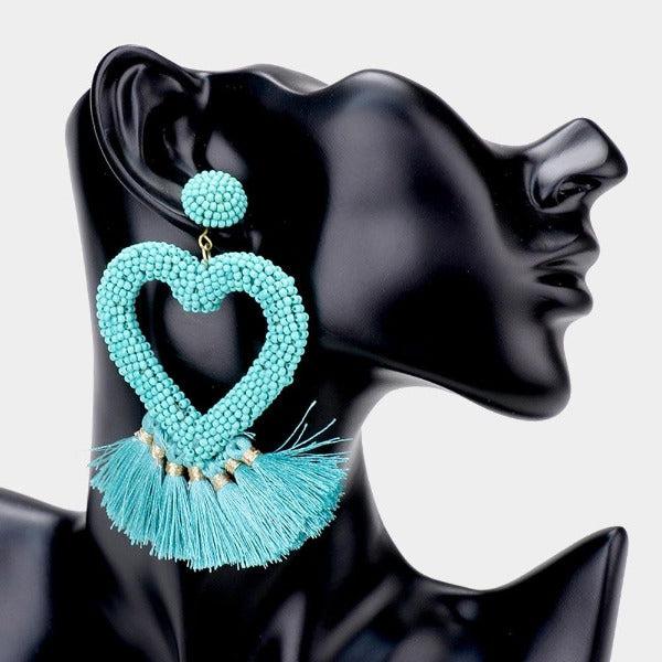 Seed Bead Heart Blue Tassel Earrings-Earring-SPARKLE ARMAND
