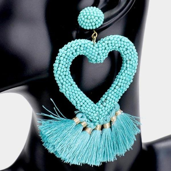 Seed Bead Heart Blue Tassel Earrings-Earring-SPARKLE ARMAND