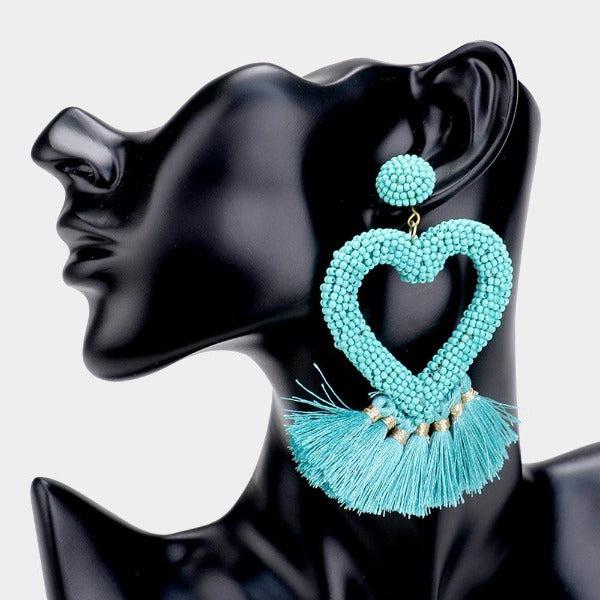 Seed Bead Heart Blue Tassel Earrings-Earring-SPARKLE ARMAND