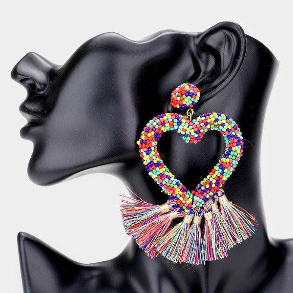 Seed Bead Heart Multi Tassel Earrings-Earring-SPARKLE ARMAND