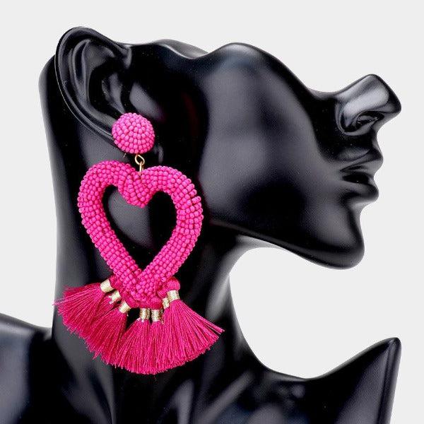 Seed Bead Heart Pink Tassel Earrings-Earring-SPARKLE ARMAND